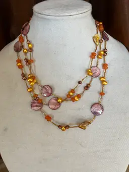 Yellow Orange Plum Glass Shell And Pearl 62” Necklace.