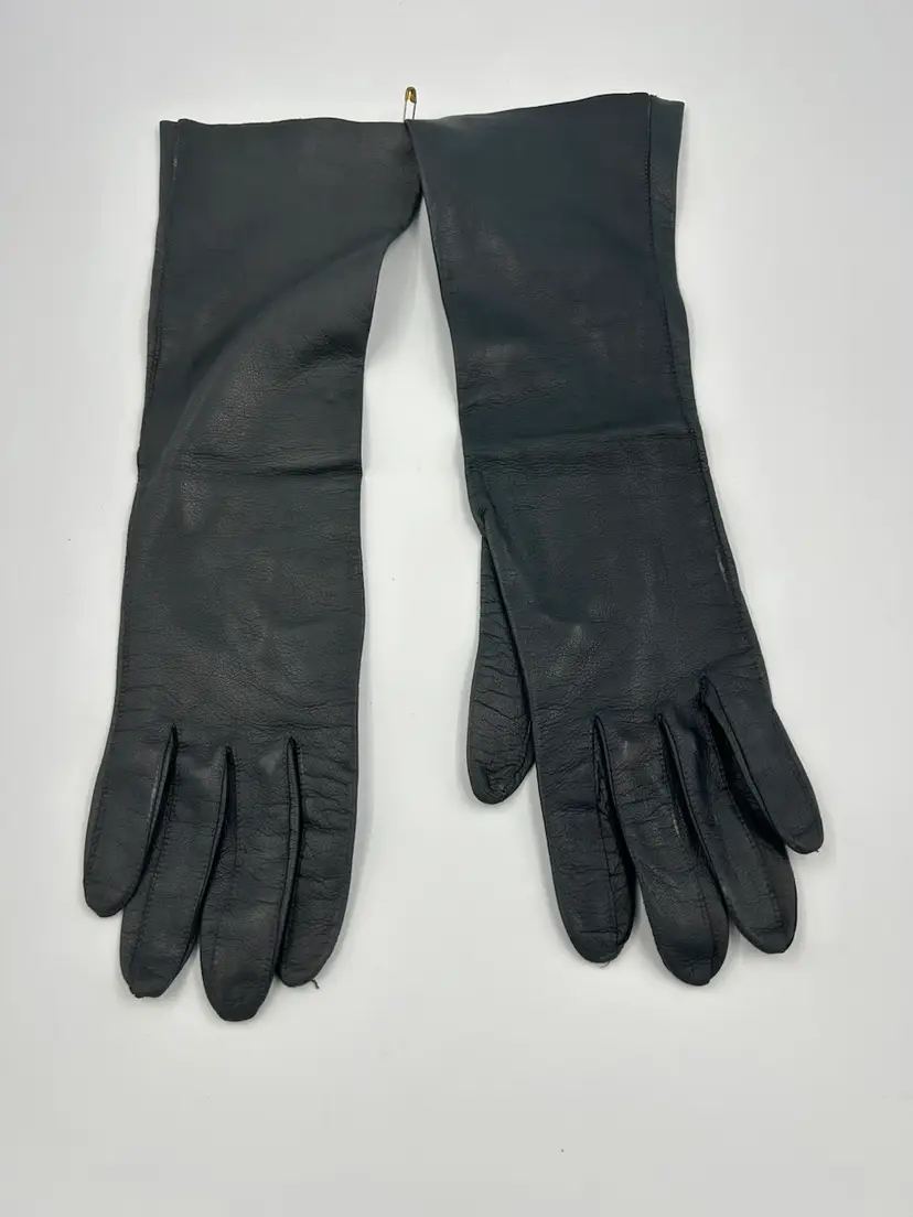 Vintage Whitley Black Leather, Long Ladies Gloves Made In Italy For Bambergers
