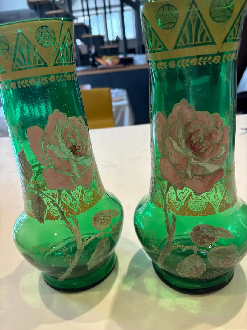LeGras Art Nouveau Vases, Blown Glass & Enameled and hand painted, French, 1900, pair of vases