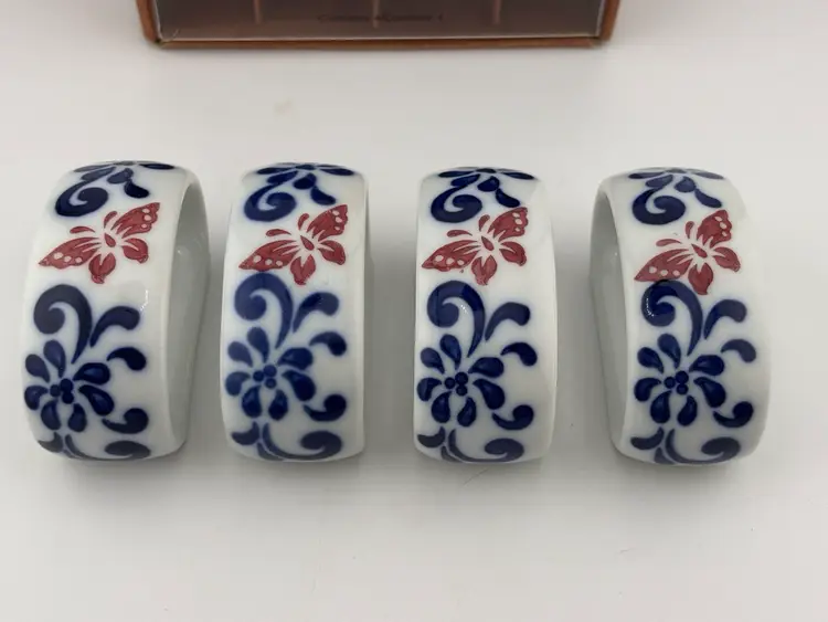 Set of Four Pier 1 Porcelain Napkin Ring Holders, Red Butterflies w/ Blue Scroll
