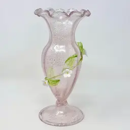 Vintage AVEM Murano pink and silver foil ruffled glass vase w/applied flowers