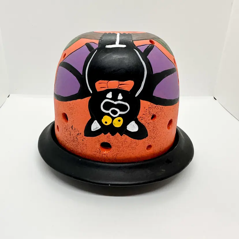 Handmade Hand Painted Ceramic Pottery 2 Piece Halloween Candle Holder Bat