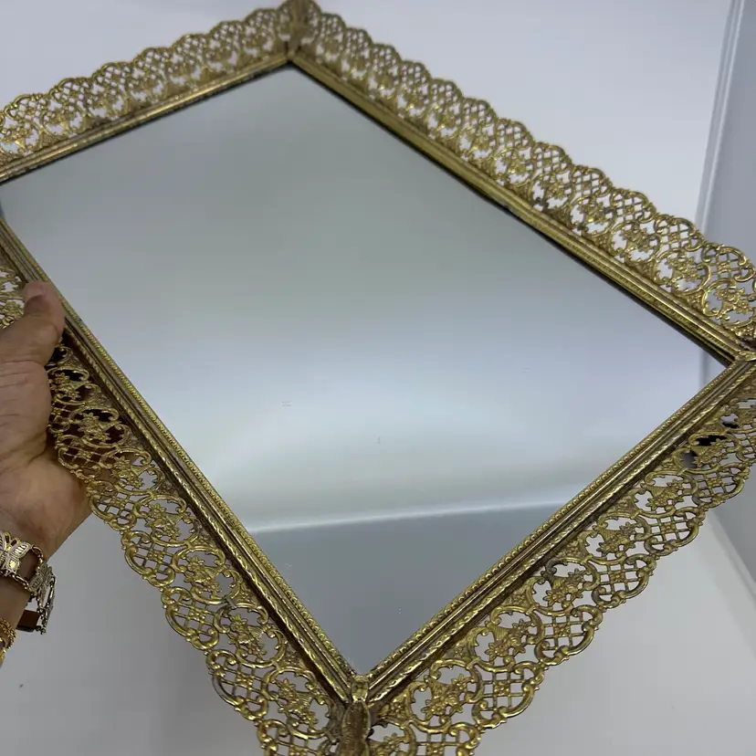 Ornate Gold Frame Mirrored Rectangular Tray