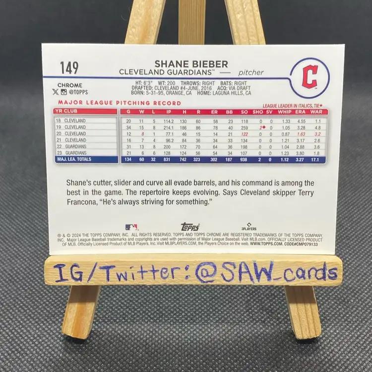 Shane Bieber 2024 Topps Chrome Logofractor Blue /150 Cleveland Guardians