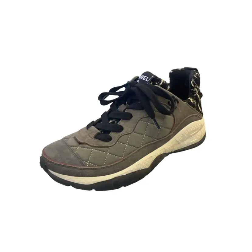 Chanel Olive Green Suede & Tweed Sneakers SZ 38