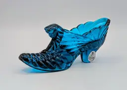 Vintage Fenton Teal Blue Glass Slipper Cat Head Shoe Figurine USA