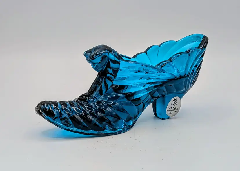 Vintage Fenton Teal Blue Glass Slipper Cat Head Shoe Figurine USA