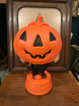 Vintage Blow Mold Jack O Lantern, Black Cat, Dancing Skeletons Halloween 1960s