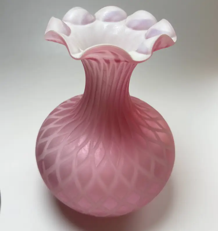 Antique Victorian Mother-of-Pearl Satin Glass Vase Quilted Diamond Pattern Cased