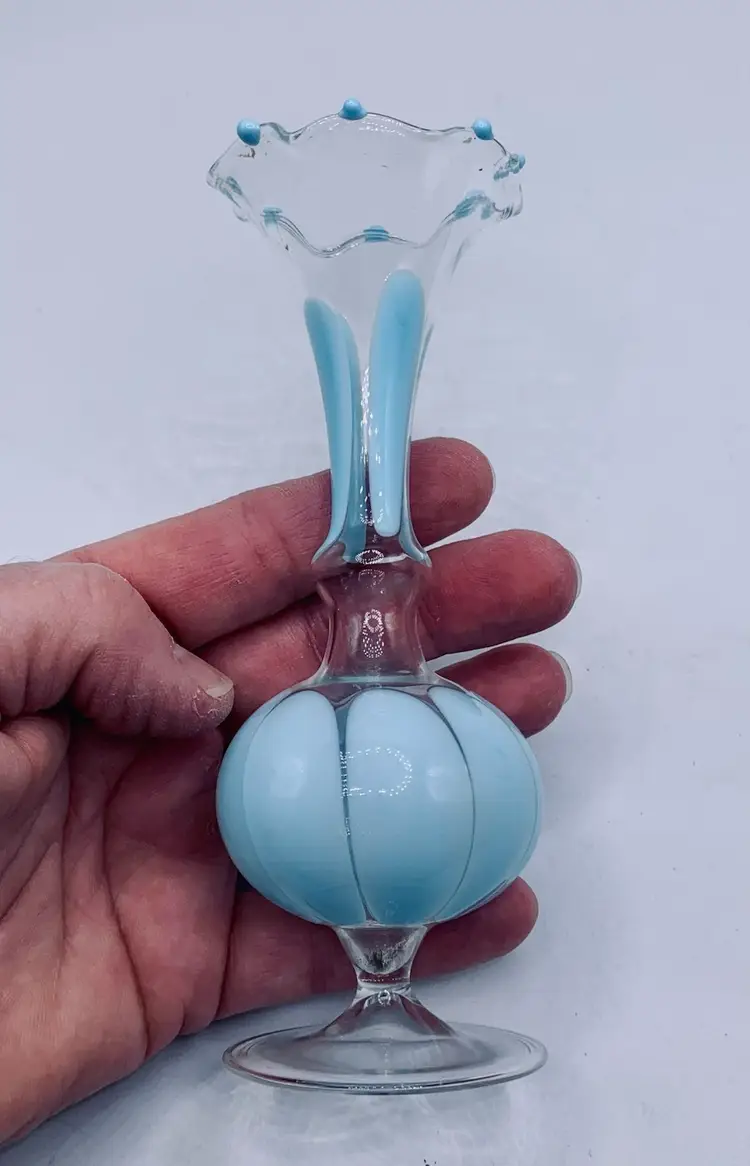 BIMINI Werkstatte Art Glass Light Blue Swirl Lines & Oval Shapes 5.5” BUD VASE