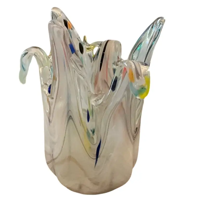 Goggle Says Murano But I’m Not So Sure Beautiful White With Confetti Art Glass Vase Bowl 8” X 6”