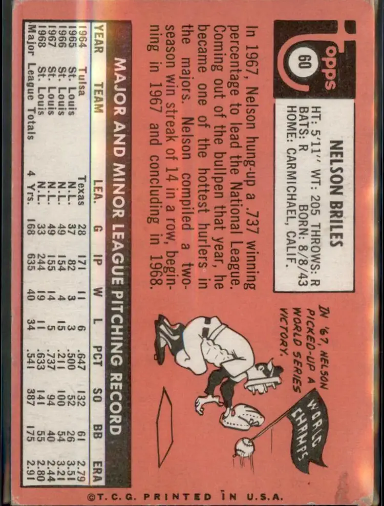 1969 Topps #60 Nelson Briles - (pk3) - St. Louis Cardinals