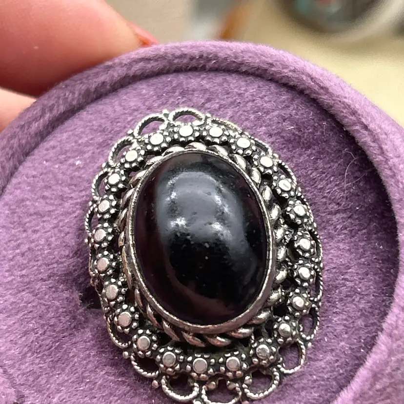 Vintage Filigree Adjustable Ring Black Glass Cabochon Silver Tone Statement Ring Size 7