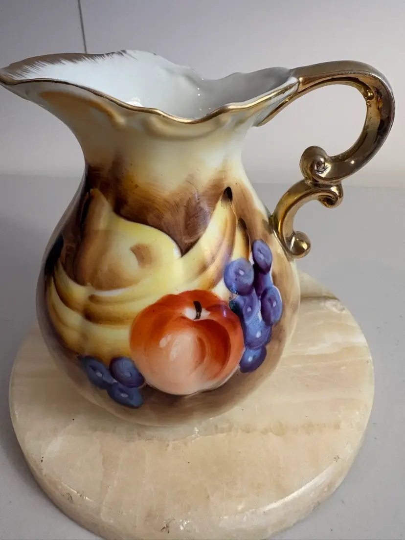 Vintage Enesco Japan Porcelain Hand Painted Pitcher Fruit Gold Trim 5.5