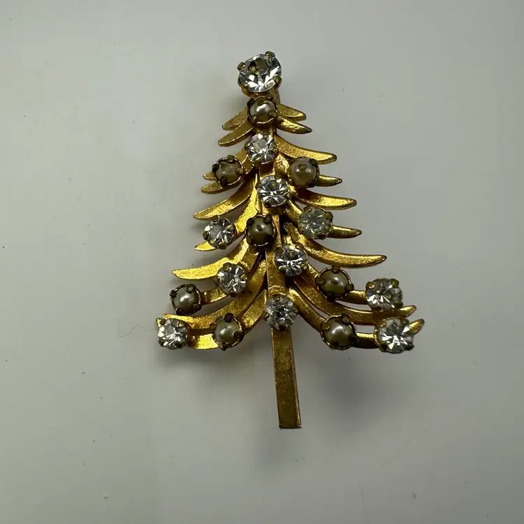 Vintage Signed Made in Austria Christmas Tree Rhinestone Brooch