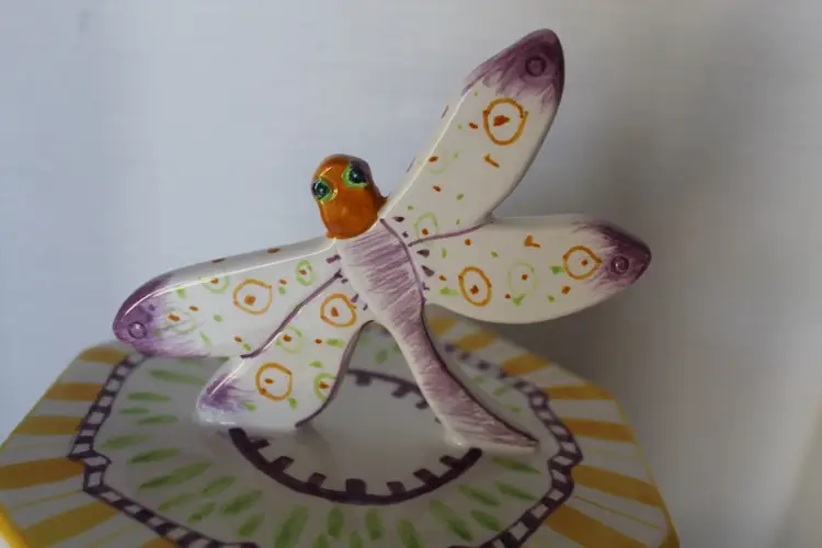 Vintage Empress Arts Ltd Covered Dish, Dragonfly On Lid, 1999, Multicolored 7.5”