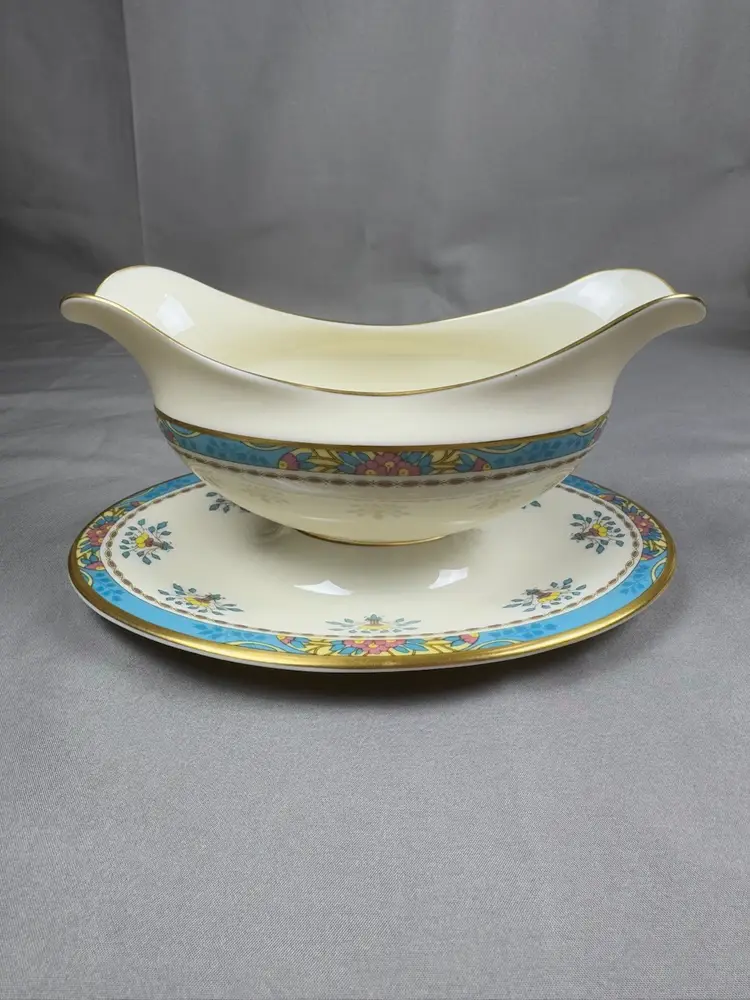 Vintage Lenox Blue Tree Gold Trim Gravy Boat With Attached Underplate