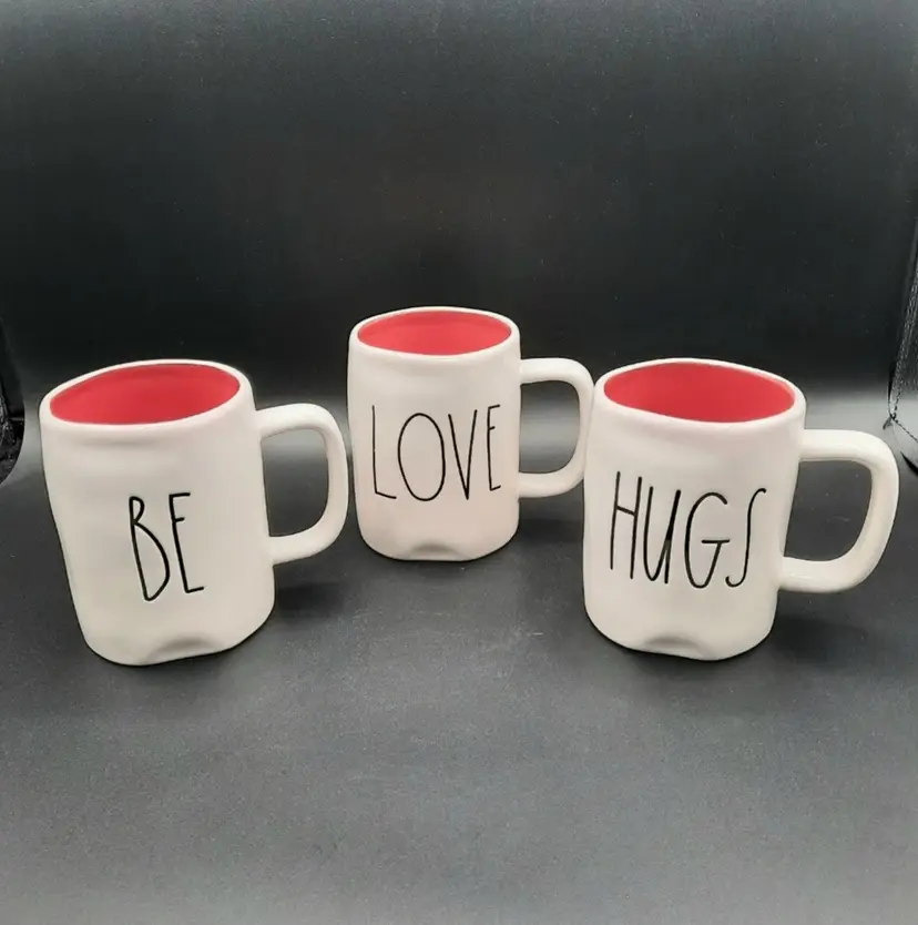Rae Dunn Valentine Mugs Set of 3 Be Mine Love You Hugs Kisses Red Interior
