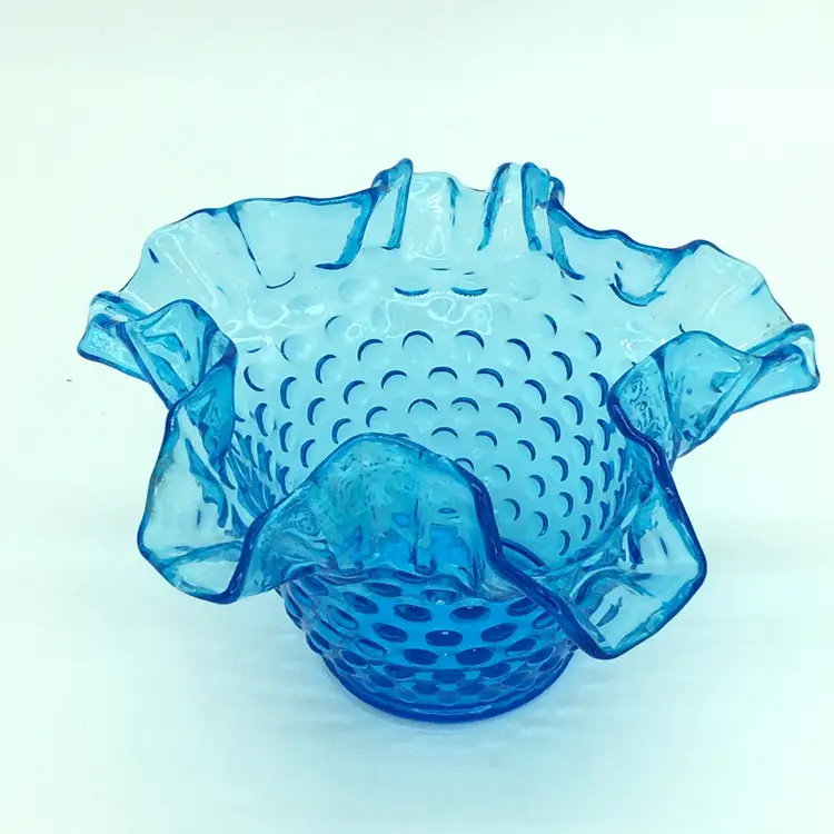 Vintage Fenton Blue Hobnail Glass Ruffled Bowl 6" Blue Art Glass Crimped Edge