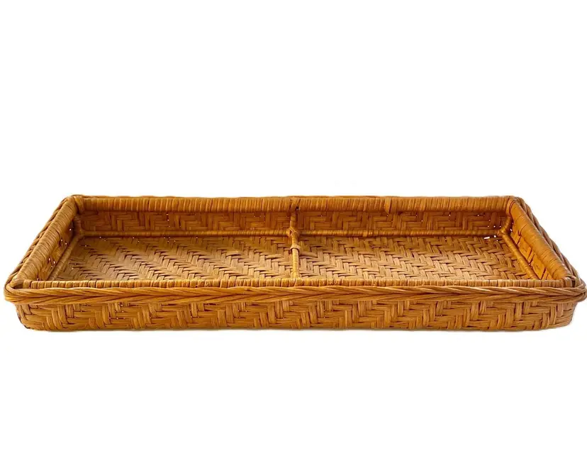 Herringbone Woven Rattan Wicker Basket Serving Tray Strong 17.5" x 6.5"