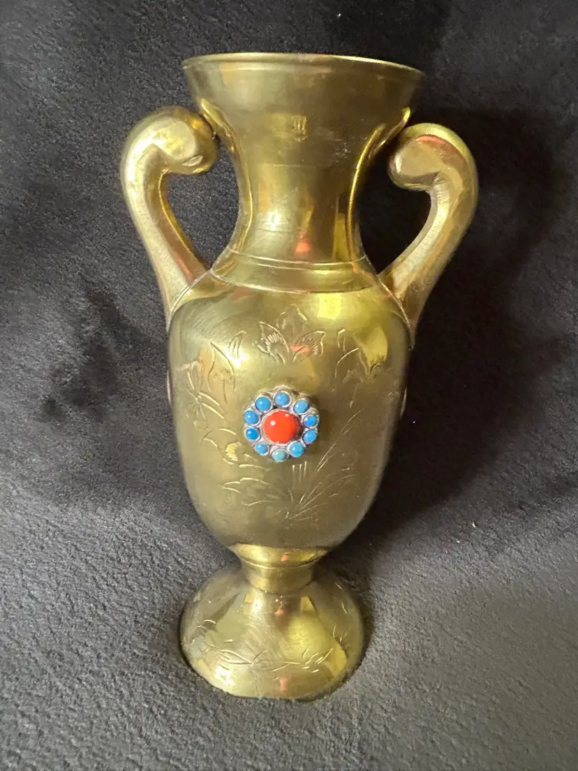 Vintage Brass Vase With Etching, Stone & Medallion Accents