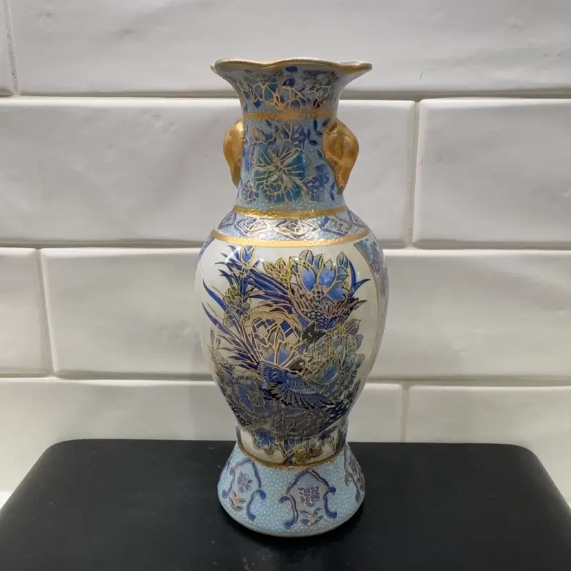 Vintage Textured Asian Porcelain Vase 8” Blue Gold Gild Satsuma Style Phoenix