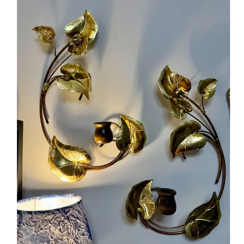 15”x9” Vintage Brass and Copper Wall Decor With Wood Candle Holders - Set of 2