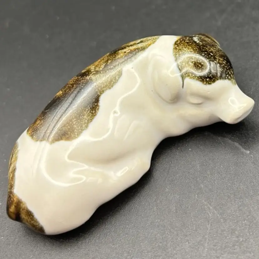 Pottery Pig Figurine, White And Brown, Vintage, Miniature