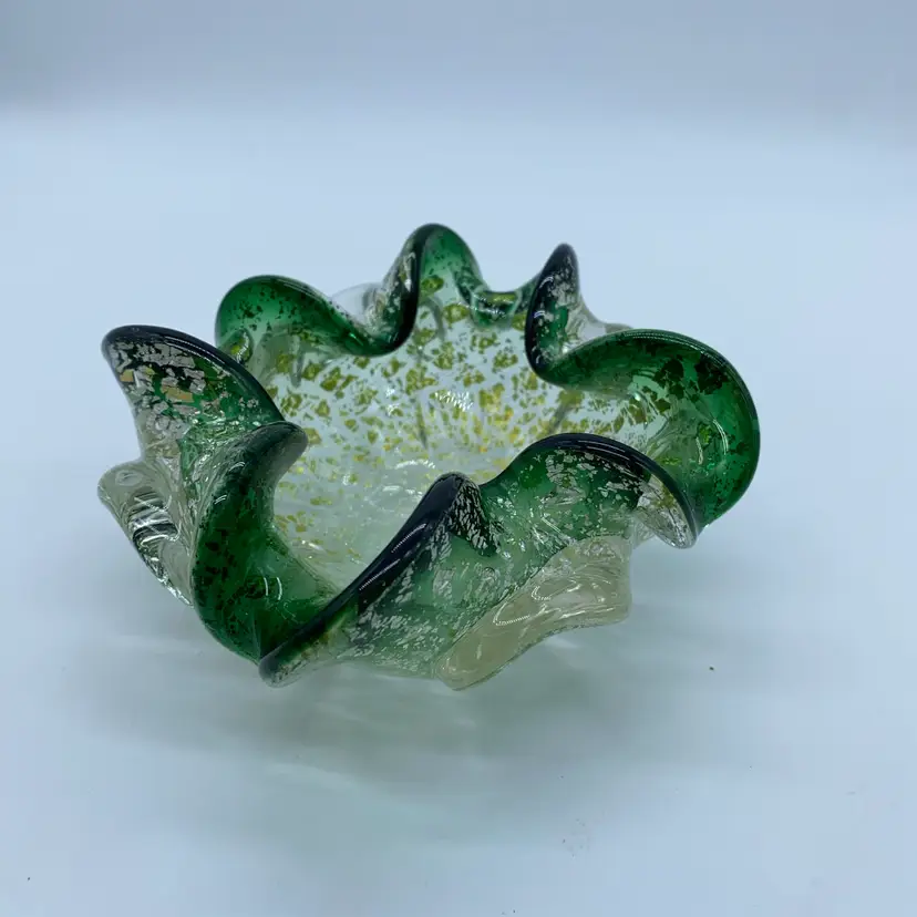 #0322 Vintage Murano glass bowl with green and gold aventurine inclusions.