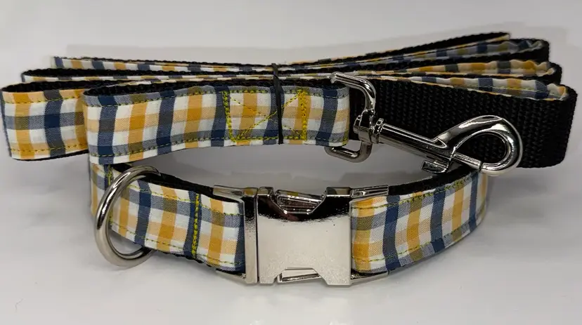 Dog Collar & Leash Plaid Yellow & Blue Large Handmade Heavy Duty Metal Buckle New