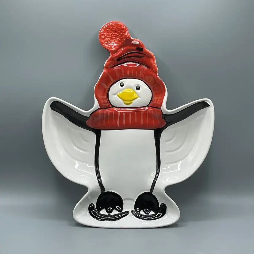 Pfaltzgraff Penguin Skate Figural Platter Server Sculpted Red Hat & Scarf