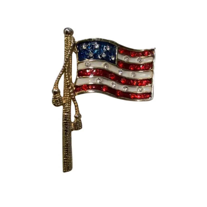 Vintage Enamel & Pave Rhinestone American Flag Pin 1.5”