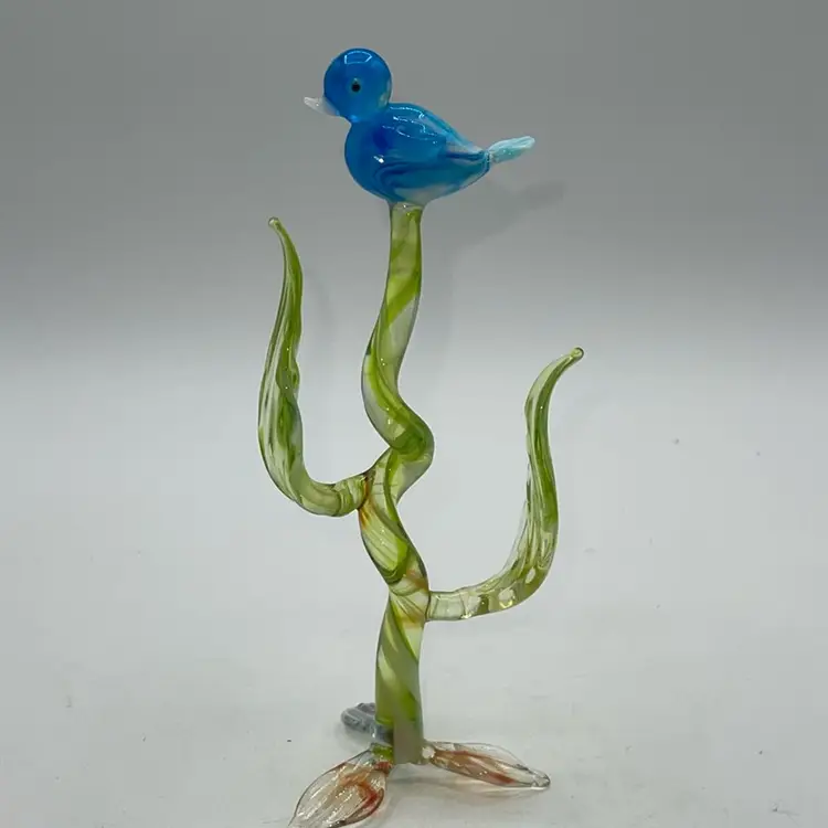 Blown Glass Dark Blue Bird In Tree 7.5”