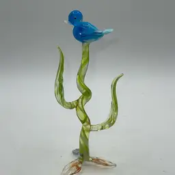 Blown Glass Dark Blue Bird In Tree 7.5”