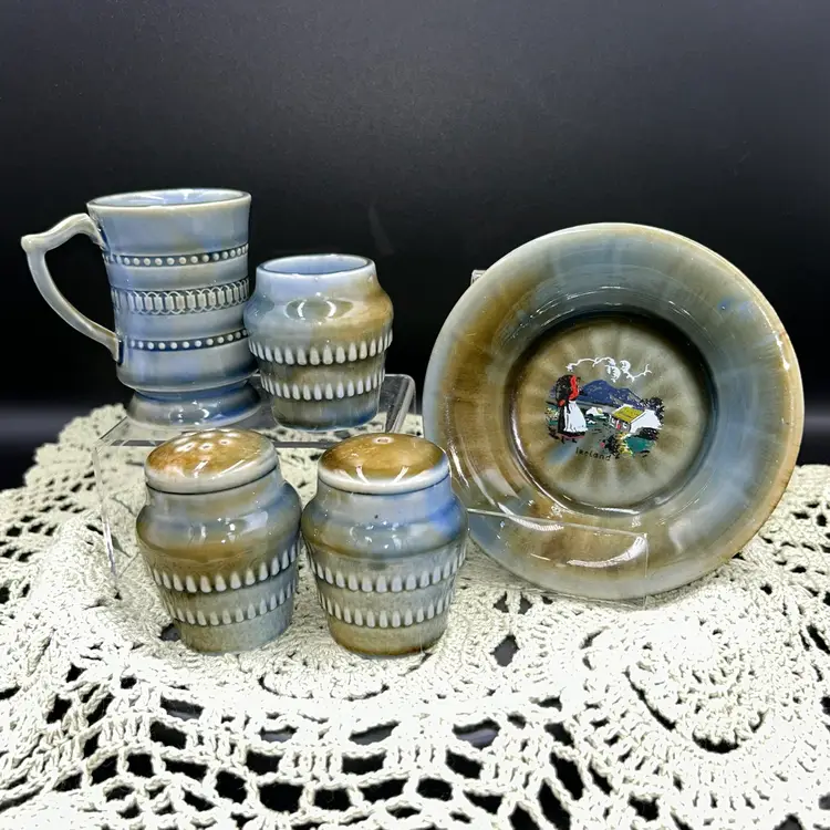 Set Of Irish Porcelain Salt, Pepper, Toothpick Holder And Saucer And Mini Mug