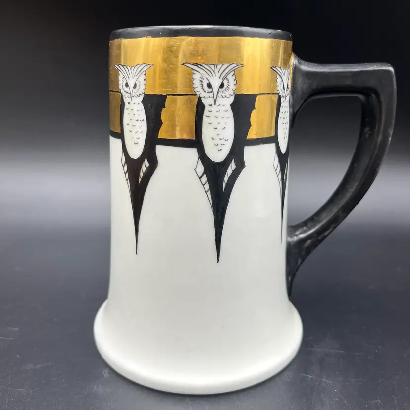 WG & Co Limoges France Owl Owls Tankard Mug Cup Gold Gilt Hand Painted