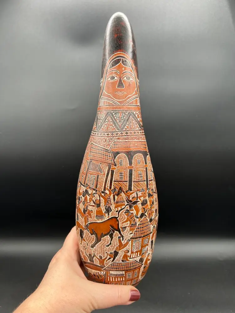 Peruvian Hand Carved Detailed Gourd 13.5” Long