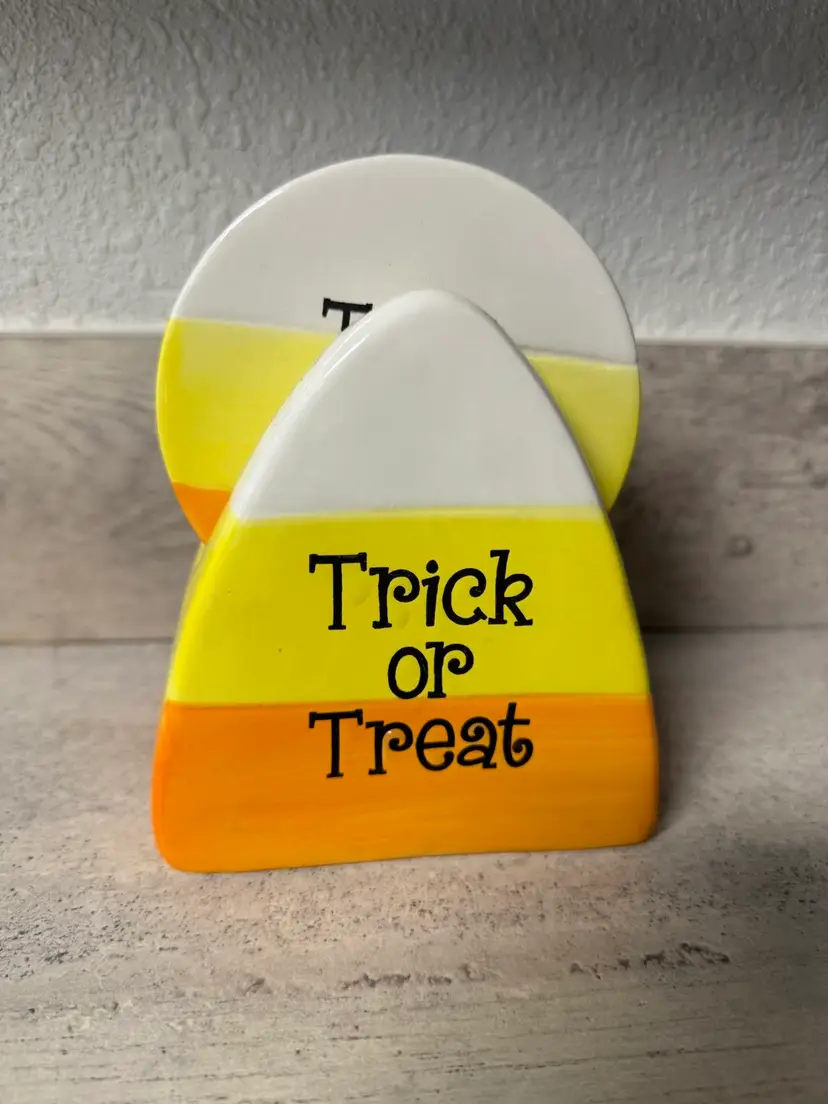 Trick Or Treat Candy Corn Halloween Ceramic Drink Coasters 4β & Stand 4.5β