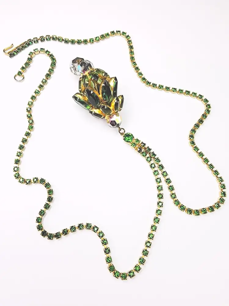 Gold Tone Green Rhinestone Chain Necklace With Rhinestone Pendant – 24” Long