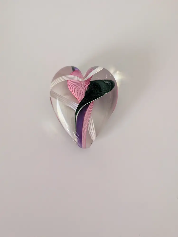 Steven Malasch Art Glass Heart Paperweight 2.25" Long Latticino Ribbons