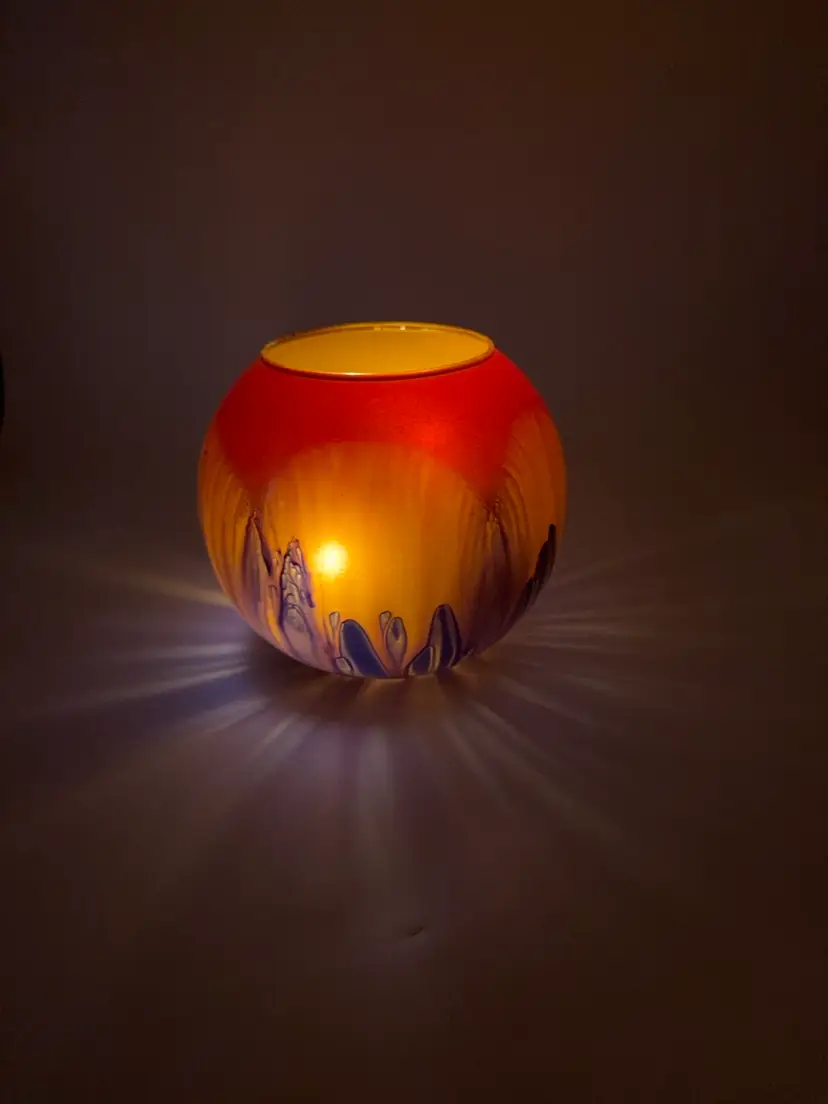 Vtg. Round Bulbous Art Glass Rose Flower Bowl Decorative Molten Lava 5” X 6”