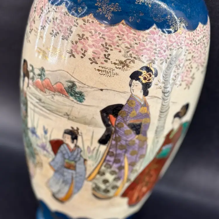 Satsuma Style Asian Vase Geisha Girls Teal & Gold 9”