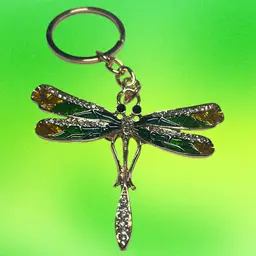Dragonfly Key Chain - Gold Tone With Colors If Green Wings And Clear Rhinestones - Contemporary