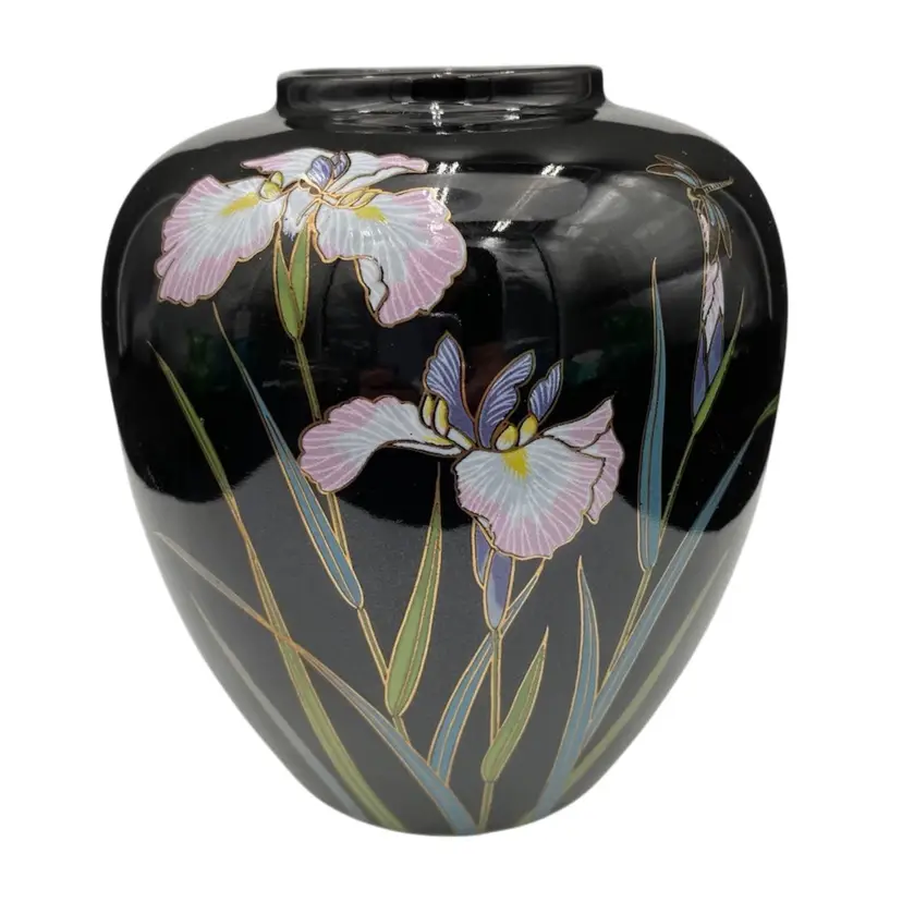 Vintage Otagiri (Japan) Porcelain Vase, Pink Iris, Oval, Black w/Gold Accent, 5.25"