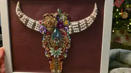 One-of-a-Kind Bull Skull Jewelry Art • Western Boho Wall Décor • Framed