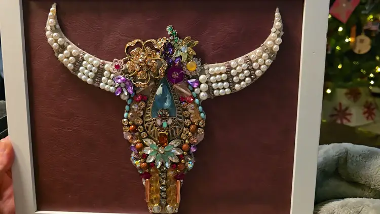 One-of-a-Kind Bull Skull Jewelry Art • Western Boho Wall Décor • Framed
