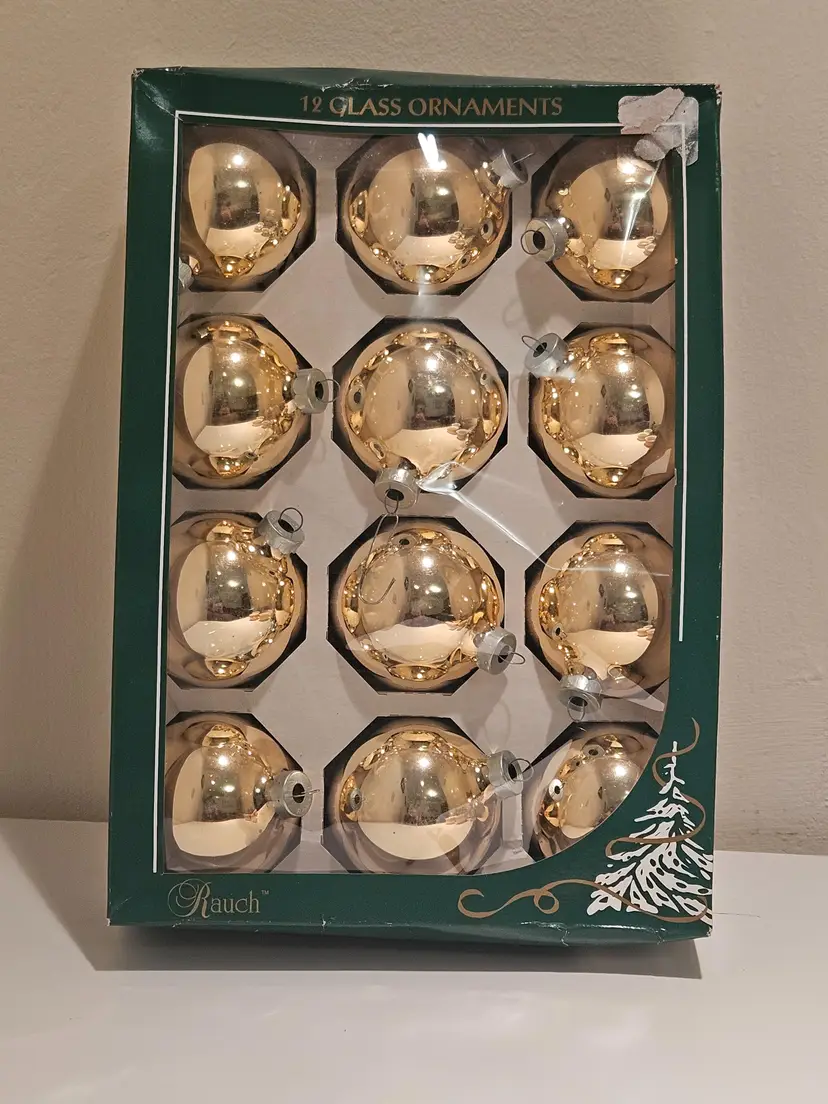 Rauch 12 Yellow Ball Glass Christmas Ornaments In Original Box, USA