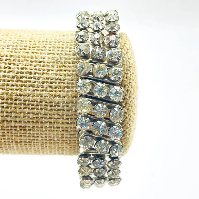 Rhinestone Expansion Bracelet Silver Tone Triple Row 17975