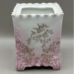 Porcelain Footed Planter Pink And White With Gold Floral And Bird Design 5.25”