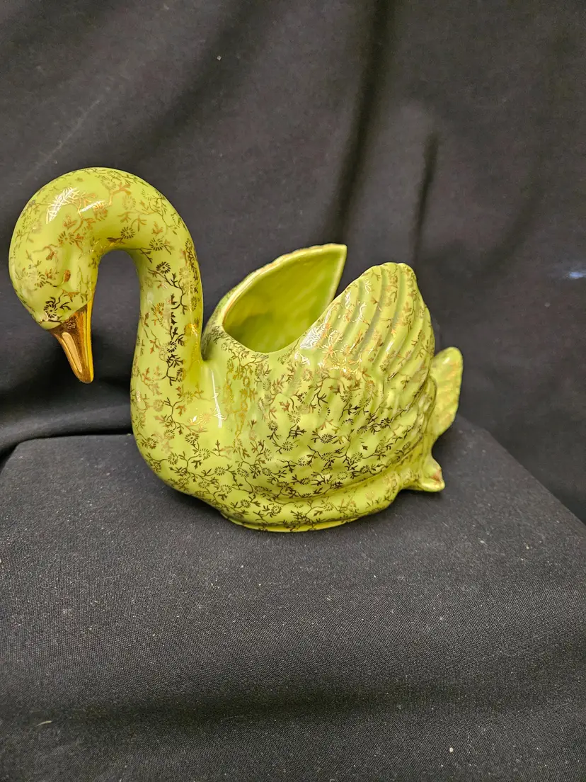 1950's Pearl China & Co Green & Gold Large Swan Planter - 6 1/2" H x 9 1/2" L x 4 1/2 " W